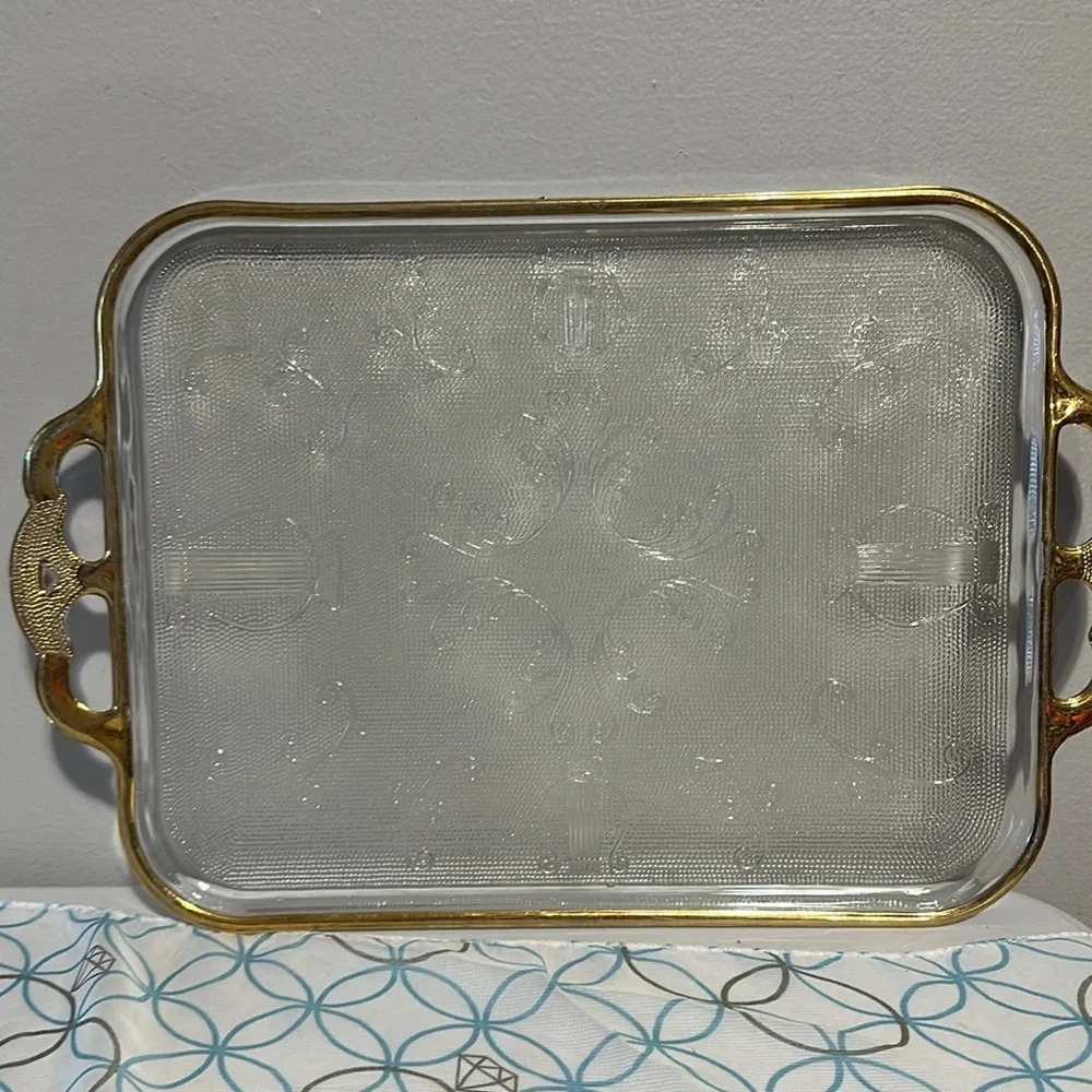 Vintage glass with gold trim vanity tray